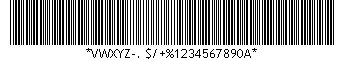 Kod kreskowy Code-39, zakodowano znaki VWXYZ-. $/+%1234567890A